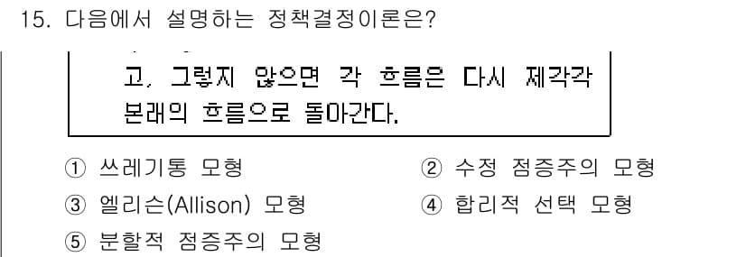 사회복지사_1급(3교시)(구) 2015년 15번 - 정답은 5번 "분배적 정족주의의 모형"이다. 이 모형은 각 이해당사자의 ... 에 관한 핵심 기출문제