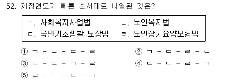 사회복지사_1급(3교시)(구) 2015년 52번 - 정답은 2번, 즉 "노인복지법"입니다. 이는 제정 연도가 상대적으로 빠른... 에 관한 핵심 기출문제