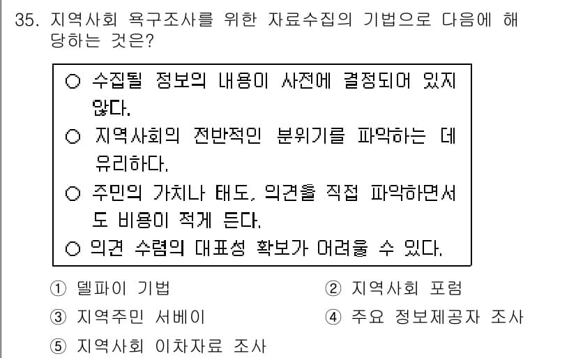 사회복지사_1급(3교시) 2015년 35번 - 정답인 이유는 지역사회의 전반적인 분포를 파악하기 어렵기 때문이다. 이를... 에 관한 핵심 기출문제