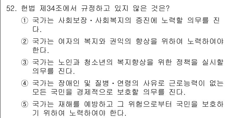 사회복지사_1급(3교시)(구) 2016년 52번 - 핵심 해설: 헌법 제34조는 사회적 약자의 보호와 복지 증진을 강조하지만... 에 관한 핵심 기출문제
