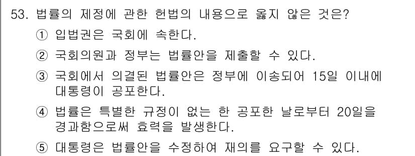 사회복지사_1급(3교시) 2016년 53번 - 대통령은 법률을 수정할 수 없으며, 재의를 요구할 수는 있지만, 법률의 ... 에 관한 핵심 기출문제