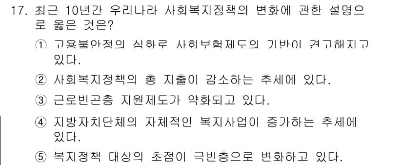 사회복지사_1급(3교시)(구) 2017년 17번 - 정답 3번은 지방자치단체의 자체적인 복지사업이 증가하고 있다는 추세가 최... 에 관한 핵심 기출문제
