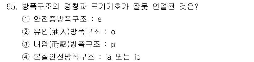 산업안전산업기사 2016년 65번 - 정답 3번인 이유는 "내압(耐壓) 방폭구조"의 기호는 'd' 또는 'n'... 에 관한 핵심 기출문제