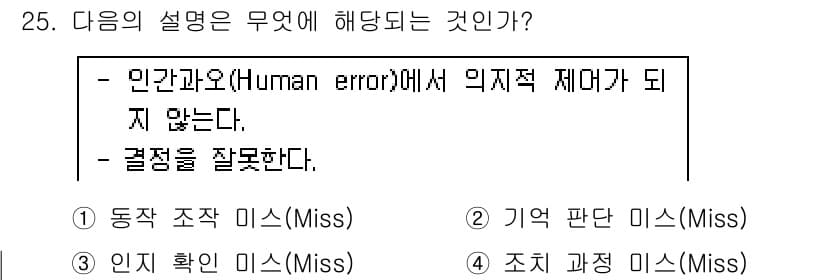 산업안전기사 2016년 25번 - . 기억 판단 미스(Miss)

해설: 인간과오에서 의사결정의 오류가 발... 에 관한 핵심 기출문제