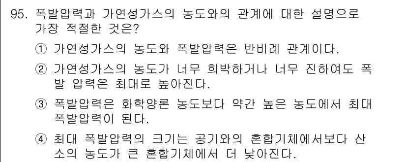 산업안전기사 2016년 96번 - 폭발압력은 화학물질의 공기와의 혼합 비율에 따라 달라지며, 이 비율이 높... 에 관한 핵심 기출문제