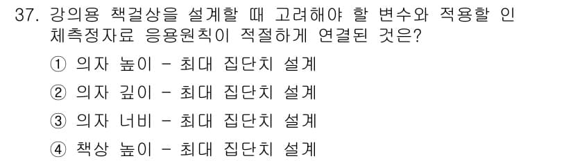 산업안전기사_필기 2016년 37번 - 정답 3번, 의자 높이 - 최대 집단치 설계는 작업자의 신체적 특성을 고... 에 관한 핵심 기출문제