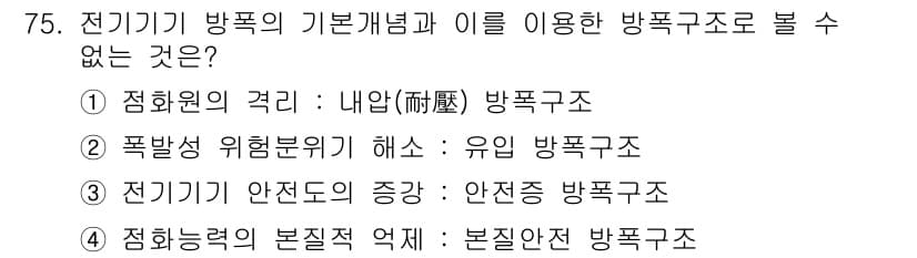 산업안전기사_필기 2016년 76번 - 전기기기의 방폭 구조에서 "정화원의 격리"는 내압 방폭 구조를 통해 기기... 에 관한 핵심 기출문제