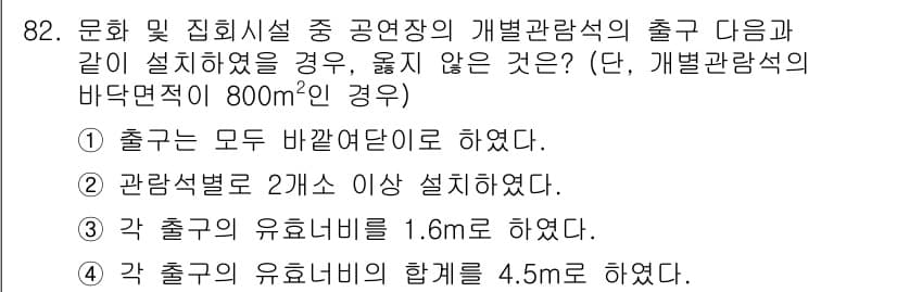 실내건축기사 2016년 82번 - 개별관람석의 바닥면적이 800㎡인 경우, 출구에서의 유효너비는 4.5m ... 에 관한 핵심 기출문제