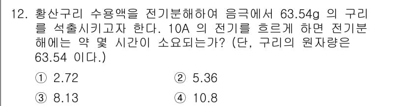 위험물산업기사 2016년 12번 - 전기분해를 통해 황산구리 용액에서 구리를 석출하기 위해 필요한 전기의 양... 에 관한 핵심 기출문제