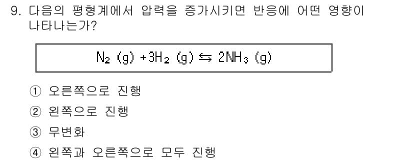 위험물산업기사 2016년 9번 - 반응식에서 압력을 증가시키면 기체의 몰수에 따라 반응 방향이 결정됩니다.... 에 관한 핵심 기출문제