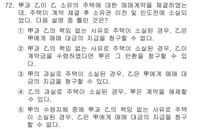 공인중개사_1차 2016년 72번 - 주택 소유자(乙)가 책임이 없는 경우, 매매계약에 대한 이행을 요구할 수... 에 관한 핵심 기출문제