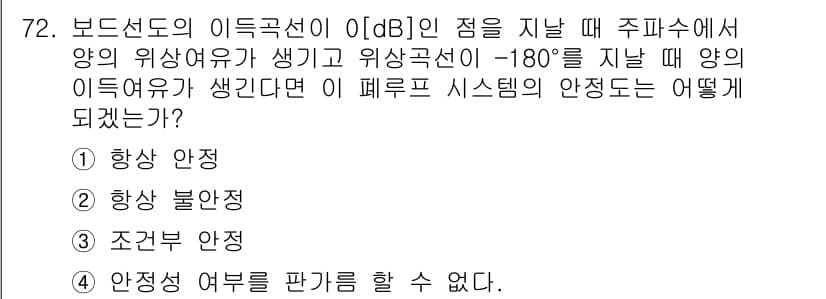 전기공사기사 2016년 72번 - . 

해설: 보드선도에서 이득이 0 dB일 때 위상여유가 180°인 경... 에 관한 핵심 기출문제