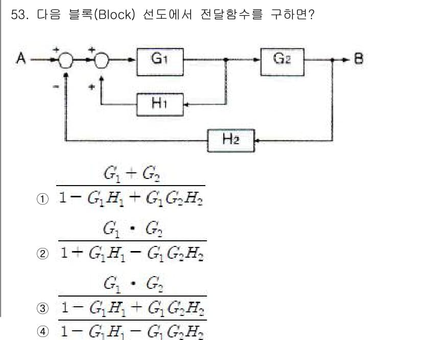 전자기능장 2015년 53번 - 전달함수를 구하기 위해 주어진 블록 다이어그램을 분석해야 합니다. G1과... 에 관한 핵심 기출문제