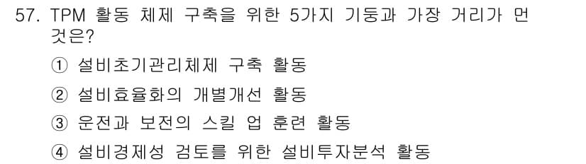 전자기능장 2015년 57번 - TPM(총검증관리)은 장비의 효율성을 높이는 데 초점을 두며, 이를 위해... 에 관한 핵심 기출문제