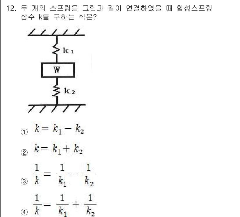 자동차정비산업기사 2016년 12번 - 두 개의 스프링이 직렬로 연결되어 있을 때 합성 스프링 상수 \( k \... 에 관한 핵심 기출문제