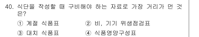 한식조리기능사 2015년 40번 - . 식단을 작성할 때는 대체 식품을 고려해야 하므로, 대체 식품 목록을 ... 에 관한 핵심 기출문제
