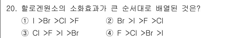 소방설비기사(기계분야) 2017년 20번 - 할로겐 원소의 소화효과는 전기음성도와 관련이 깊다. 전기음성도가 높은 원... 에 관한 핵심 기출문제