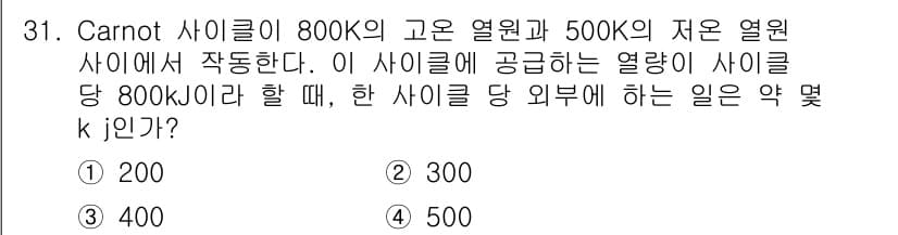 소방설비기사(기계분야) 2017년 31번 - 카노 사이클의 열역학적 성질에 따라, 고온열원과 저온열원의 온도를 이용해... 에 관한 핵심 기출문제
