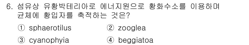 수질환경기사 2016년 7번 - . beggiatoa  
해설: Beggiatoa는 황화수소를 산화하여 ... 에 관한 핵심 기출문제