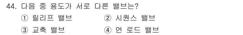 설비보전기능사 2016년 44번 - 언로드 밸브는 유압 시스템에서 압력을 줄이기 위해 사용되는 반면, 나머지... 에 관한 핵심 기출문제