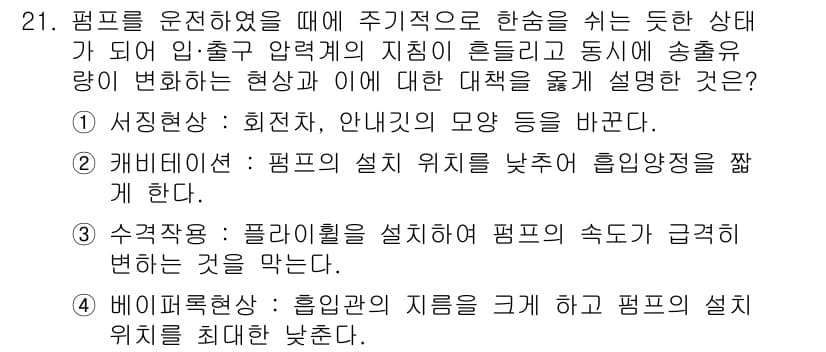 가스산업기사 2016년 21번 - 1. 펌프가 주기적으로 가동될 때, 유량의 변화가 시스템의 압력에 영향을... 에 관한 핵심 기출문제