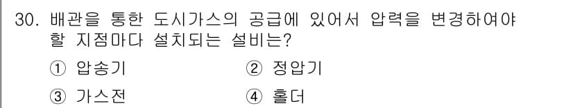 가스산업기사 2016년 30번 - . 정답인 이유는 정압기가 압력을 일정하게 유지하여 가스를 안정적으로 공... 에 관한 핵심 기출문제