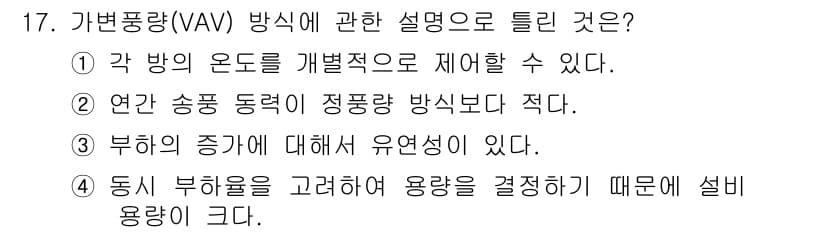 공조냉동기계산업기사 2015년 17번 - VAV 방식은 공간의 온도를 일정하게 유지하기 위해 공기량을 조절하므로 ... 에 관한 핵심 기출문제