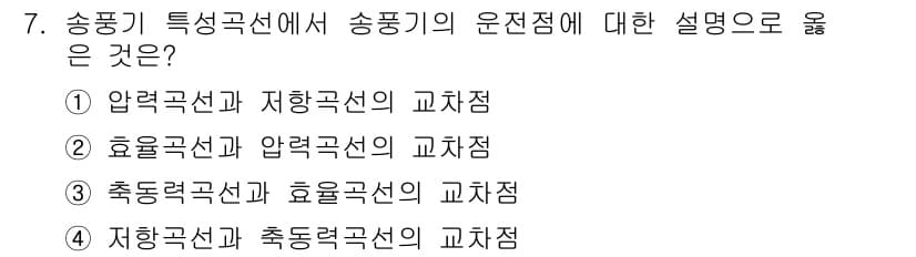 공조냉동기계산업기사 2015년 7번 - . 송풍기 특성 곡선은 효율과 압력 손실 간의 관계를 나타내며, 압력 손... 에 관한 핵심 기출문제