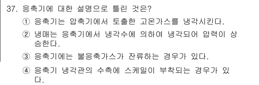 공조냉동기계산업기사 2016년 37번 - 응축기의 냉각관의 수치는 스케일이 부착되면 열전달이 저하되고 냉각 효율이... 에 관한 핵심 기출문제