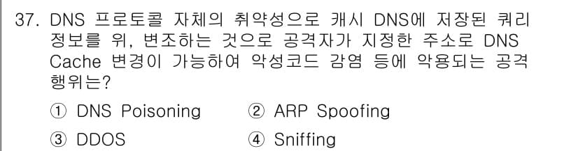 네트워크관리사_1급 2017년 37번 - . DNS Poisoning은 DNS 캐시를 조작하여 잘못된 IP 주소로... 에 관한 핵심 기출문제