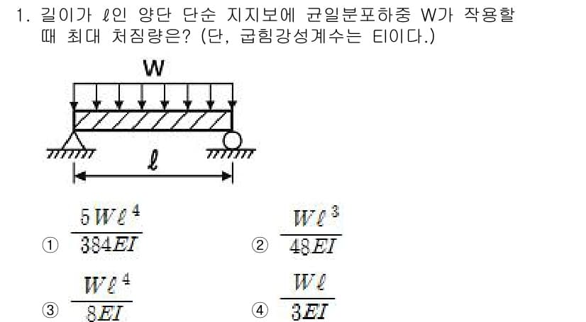 자동차정비산업기사 2017년 1번 - 해설: 주어진 단순 지지 보의 경우, 최대 처짐량은 보의 길이, 하중의 ... 에 관한 핵심 기출문제