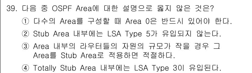 인터넷보안전문가_2급 2016년 39번 - 정답 4. "Totally Stub Area 내부에는 LSA Type 3... 에 관한 핵심 기출문제