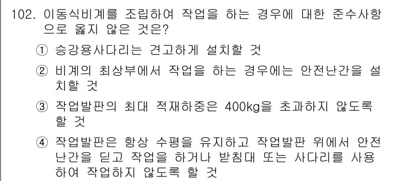 산업안전기사 2017년 102번 - 작업발판의 최대 적재하중이 400kg를 초과하지 않도록 하는 것은 안전을... 에 관한 핵심 기출문제