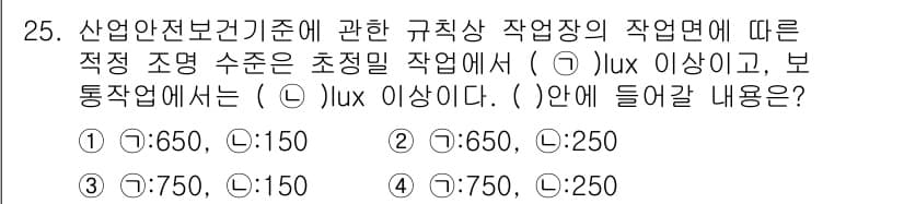 산업안전기사 2017년 25번 - 산업안전보건기준에 따르면 작업장의 적정 조명 수준은 초정밀 작업에서 75... 에 관한 핵심 기출문제