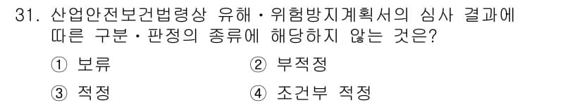 산업안전기사 2017년 31번 - 산업안전보건법상 유해ㆍ위험 방지 계획 심사 결과는 주로 보류, 적정, 부... 에 관한 핵심 기출문제