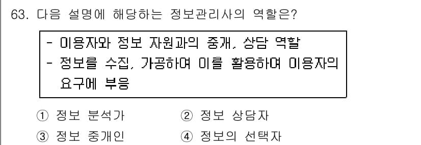 인터넷정보관리사_2급 2017년 63번 - . 정보 상담자

해설: 정보 관리자는 사용자와 정보 사이의 중개 역할을... 에 관한 핵심 기출문제