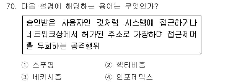 인터넷정보관리사_2급 2017년 70번 - . 

사용자가 시스템에 접근할 때 허가된 주소를 따르는 방식으로, 불법... 에 관한 핵심 기출문제