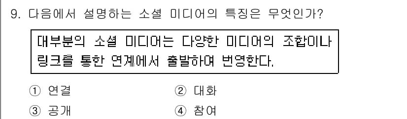 인터넷정보관리사_2급 2017년 9번 - 소셜 미디어의 특성은 다양한 미디어의 조합과 링크를 통한 상호작용에 있습... 에 관한 핵심 기출문제