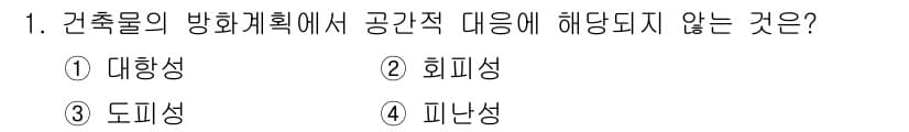 소방설비산업기사(전기) 2015년 1번 - 정답은 3. 도피성입니다. 도피성은 건축물의 방화계획에서 직접적으로 공간... 에 관한 핵심 기출문제