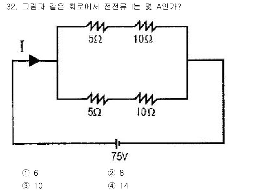 소방설비산업기사(전기) 2015년 32번 - 주어진 회로에서 저항을 병렬 및 직렬로 조합하여 전류를 계산합니다. 먼저... 에 관한 핵심 기출문제