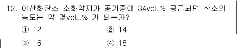 소방설비산업기사(기계) 2016년 12번 - 주어진 이산화탄소의 농도가 34 vol.%일 때, 소화약재의 농도는 공기... 에 관한 핵심 기출문제