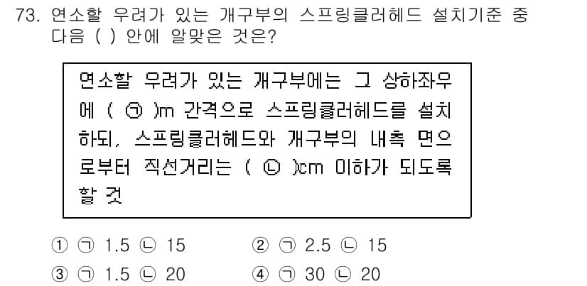 소방설비산업기사(기계) 2016년 73번 - 기계설비에서 스프링클러헤드를 설계할 때 연소할 우려가 있는 개구부의 위치... 에 관한 핵심 기출문제