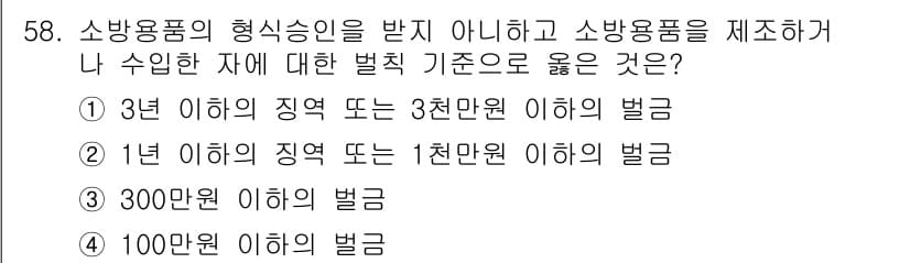 소방설비산업기사(기계) 2017년 58번 - 소방용품 관련 법령에서는 3년 이하의 징역 또는 3천만 원 이하의 벌금에... 에 관한 핵심 기출문제