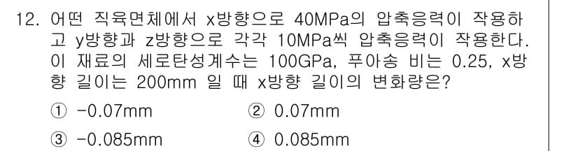 일반기계기사 2016년 12번 - 주어진 문제에서 압축 응력과 인장 응력을 통해 재료의 변형을 분석할 수 ... 에 관한 핵심 기출문제