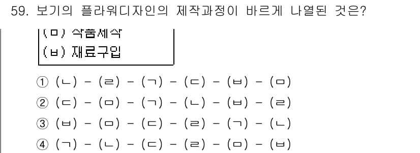 화훼장식기능사 2016년 59번 - 플라워디자인의 제작 과정에서 올바른 순서는 기본적으로 식물의 준비, 디자... 에 관한 핵심 기출문제