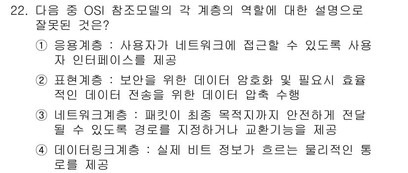 통신설비기능장 2015년 22번 - 정답 4번이 맞는 이유는 네트워크 계층이 데이터그램을 전달하는 역할을 수... 에 관한 핵심 기출문제