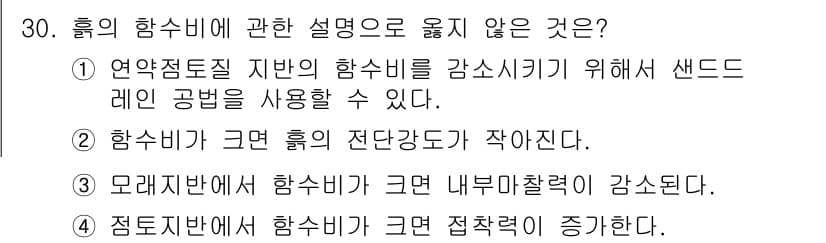 건축기사 2017년 31번 - 정답 4번은 "점토지반에서 함수비가 커진 상태에서는 점착력이 증가한다."... 에 관한 핵심 기출문제
