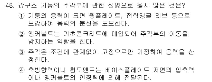 건축기사 2017년 49번 - 정답 3번은 주간의 조건과 관계없이 고정요소가 가정되어 응력을 산정한다는... 에 관한 핵심 기출문제