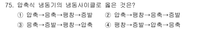 실내건축기사 2017년 76번 - 압축식 냉동기는 압축-응축-팽창-증발 순으로 작동합니다. 따라서 이 프로... 에 관한 핵심 기출문제