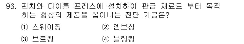 일반기계기사 2017년 97번 - 정답은 1. 스웨이징입니다. 스웨이징은 판금 재료를 변형시켜 형상을 만드... 에 관한 핵심 기출문제